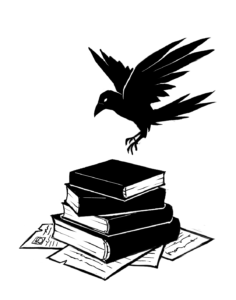 Image: a raven landing on a pile of books and papers.